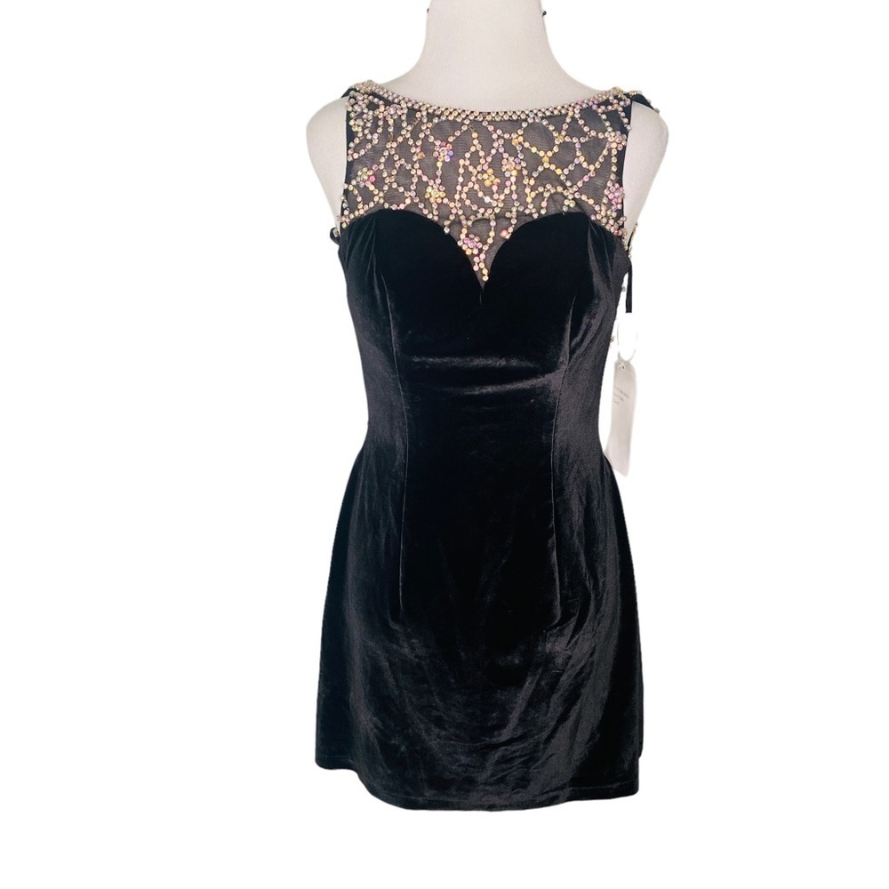 NEW Hannah S Black Velvet Elegant Formal Mini Dress Sz 6 Rhinestone Embellished